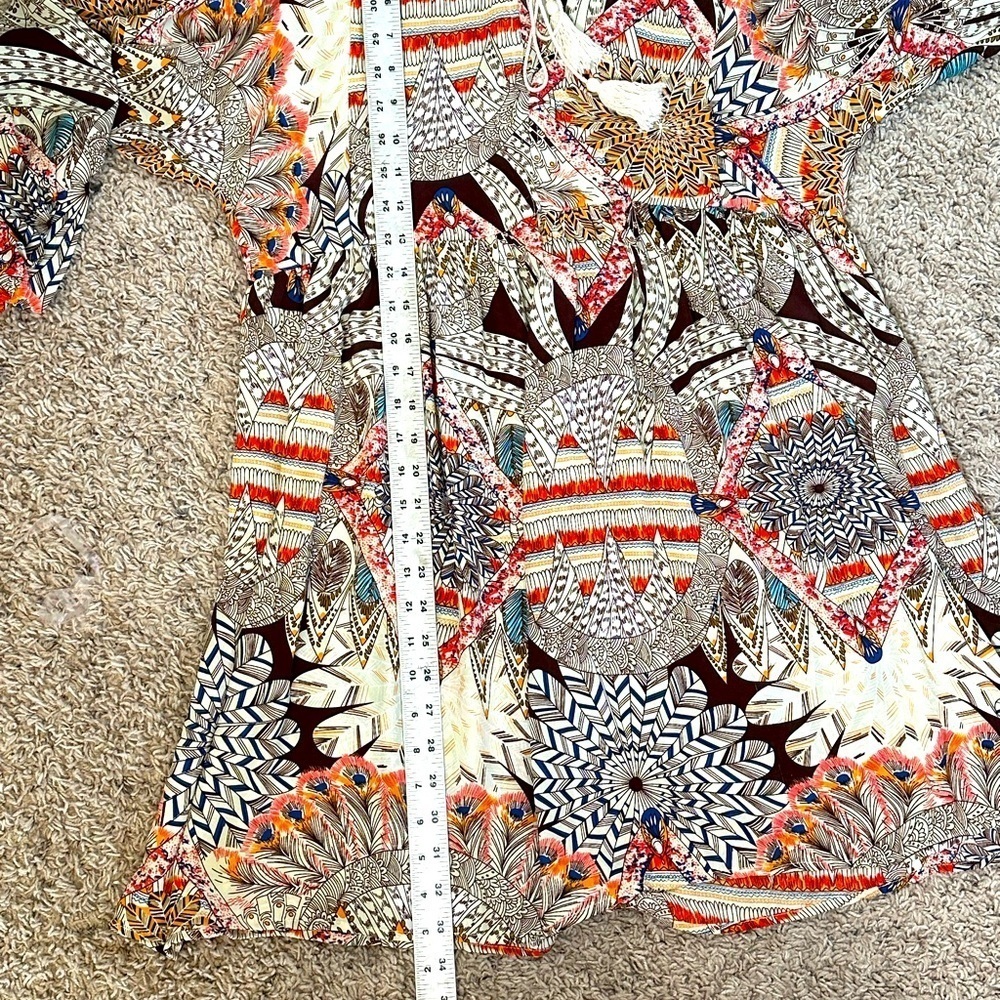 Umgee Tan/Multicolor Bohemian Print Bishop Sleeves Dress with Tassle Ties Sz L - Picture 14 of 14